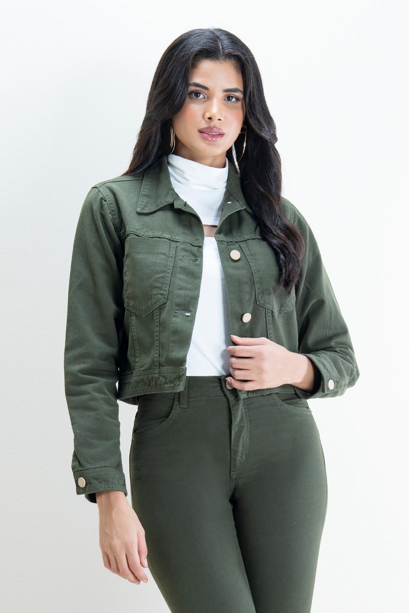 Jaqueta Feminina Cropped em Sarja com Elastano